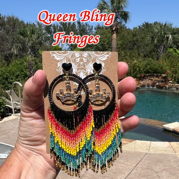 Handmade Beaded Queen Long Fringe Dangle Drop Lightweight Post Hoop Earrings - Picture 1 of 9